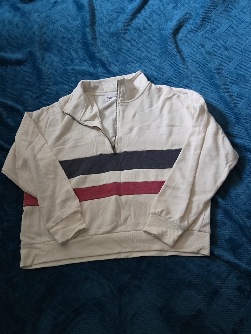 3/$20 Womans Cream Quarter-Zip Sweater with Navy and Red Stripes